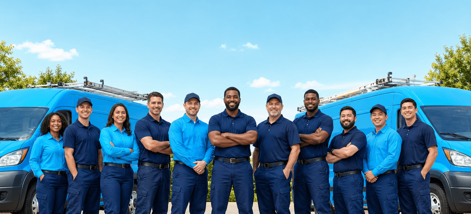 The ByndHVAC service team standing in front of blue service vans